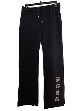 BCBG Black Straight Leg Rhinestone Logo Sweatpants
